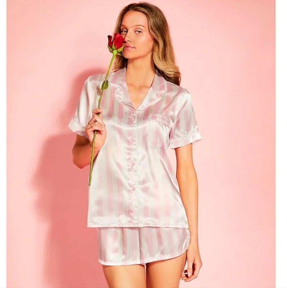 In Bloom by Jonquil Short Sleeve Notch Collar Satin Striped Short Pajama Set, L